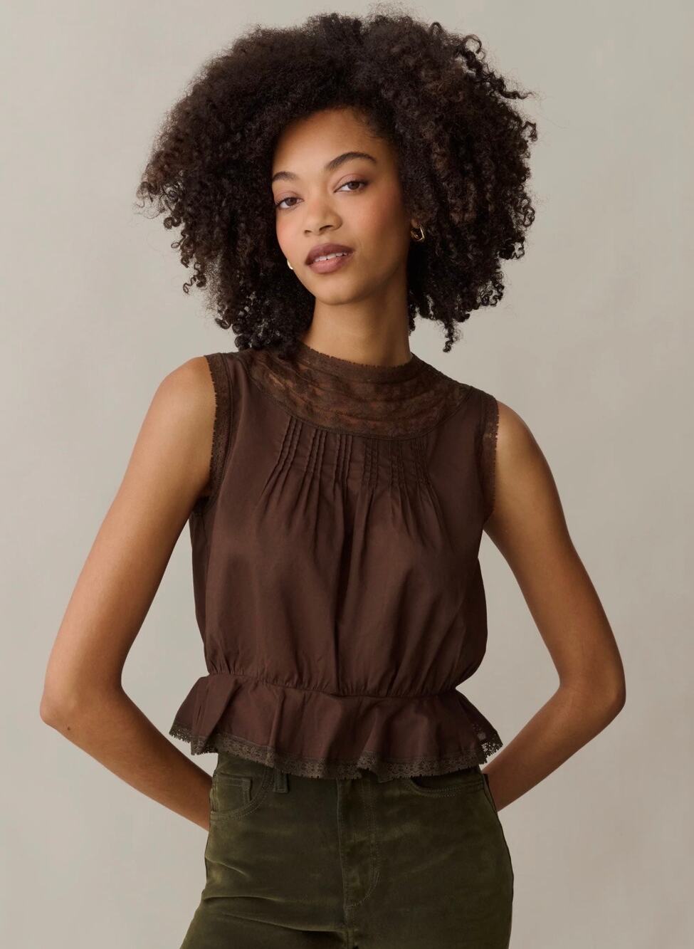 sorella Tessie Cotton Top Dark Coffee Lace High Neck Peplum Blouse Size S